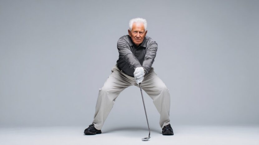 Senior man demonstrating a wide golf stance indoors with a club, wearing golf attire