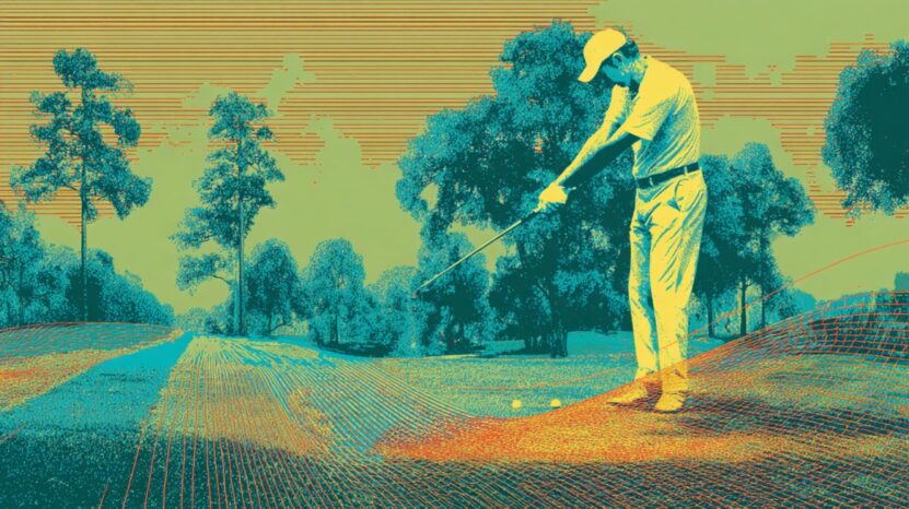 Stylized image of a golfer mid-swing on a colorful golf course with graphic overlays
