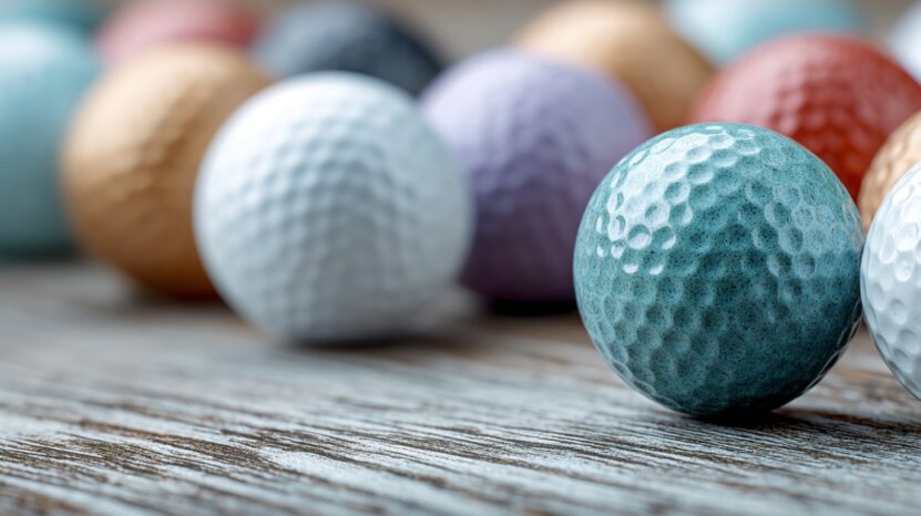 Close-up of colorful golf balls arranged on a wooden surface in soft focus