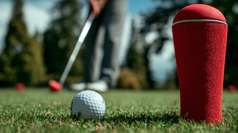 Golf ball and red headcover used for a swing path drill