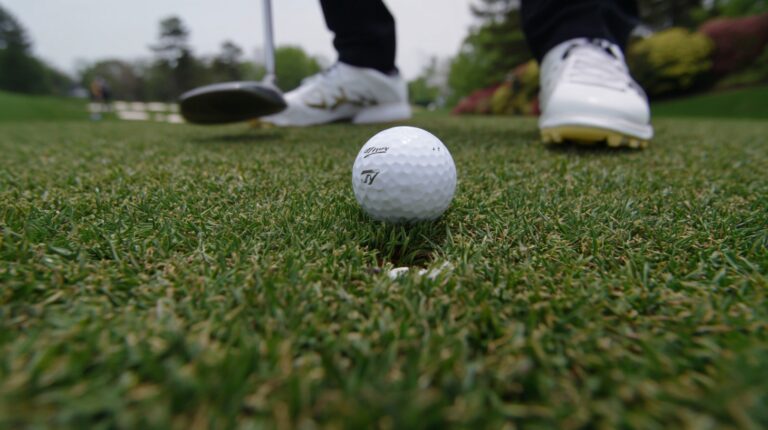 Close-up view of a golf ball on the green with a golfer's feet and club behind it, ready to make a draw shot