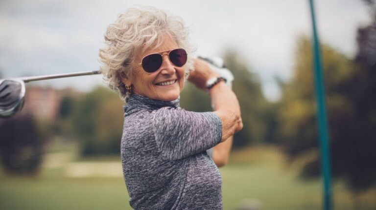 Smiling senior woman wearing sunglasses, holding a golf club mid-swing on a golf course.