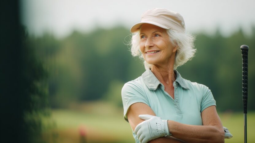 Smiling senior woman in a golf outfit holding a golf club, standing confidently on a course