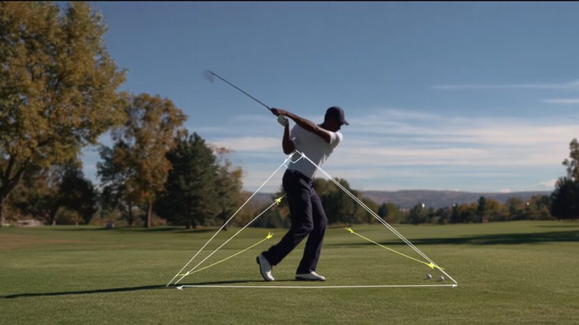 Golfer swinging with overlay lines showing draw shot technique.