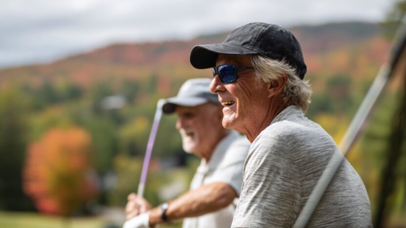 Two senior men in golf attire smiling and holding clubs on a sunny day outdoors